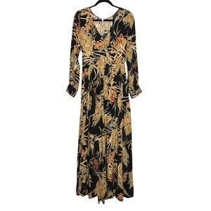 Jodifl Black Floral V-Neck Long Cuffed Sleeved Maxi Dress Waist Tie Sz M